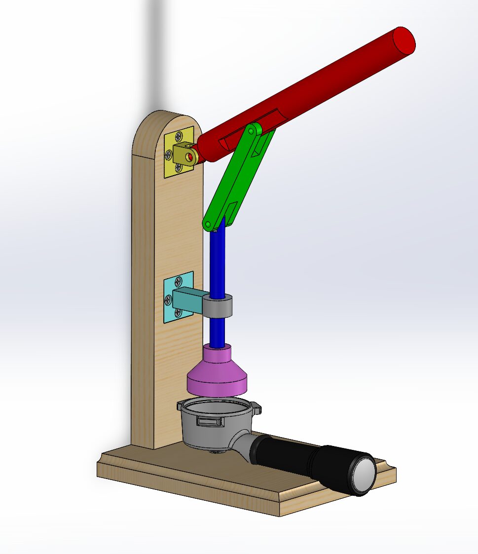Colored SolidWorks assembly of the tamper showing each linkage component