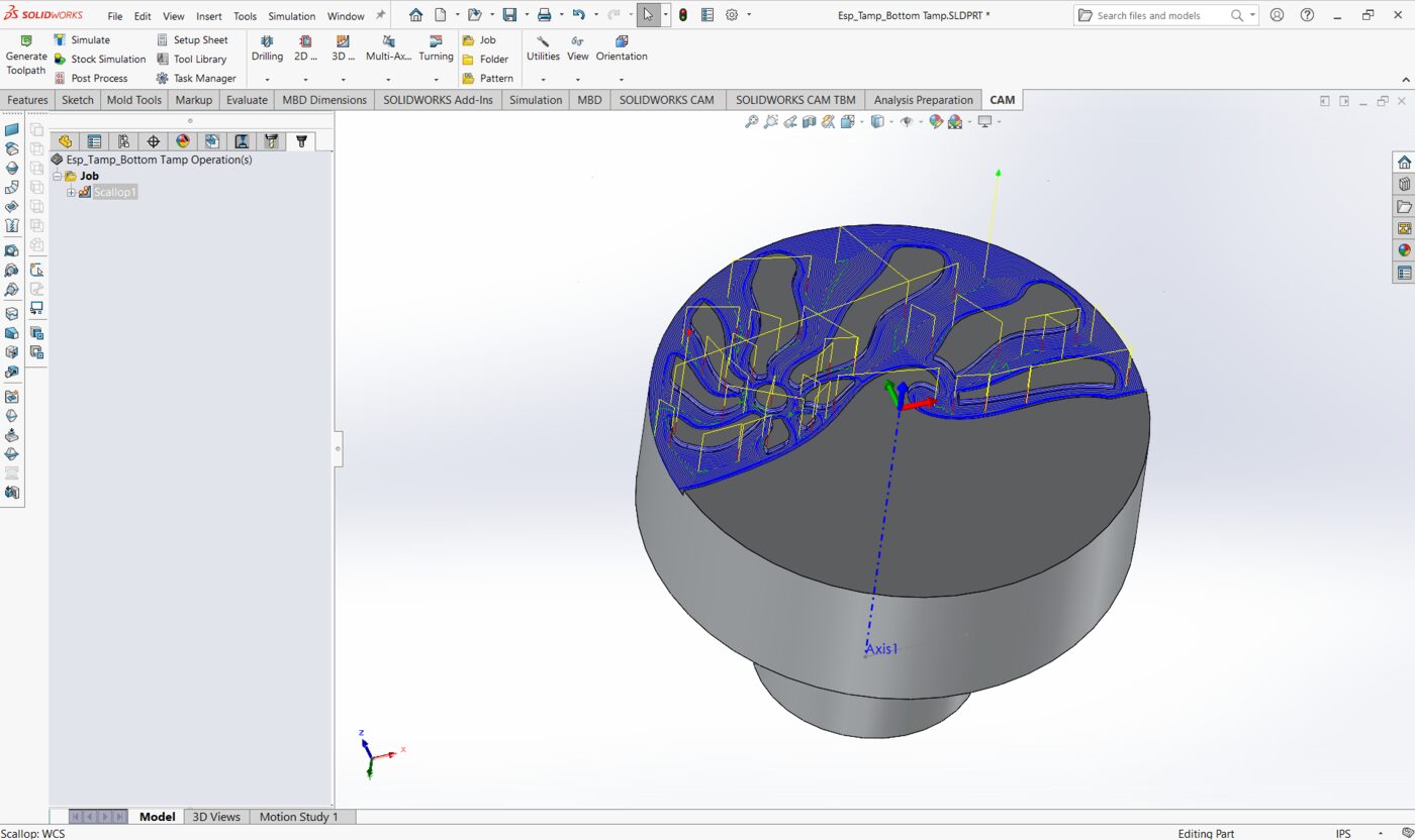 HSMWorks CAM scallop toolpath programmed for the tamp face engraving